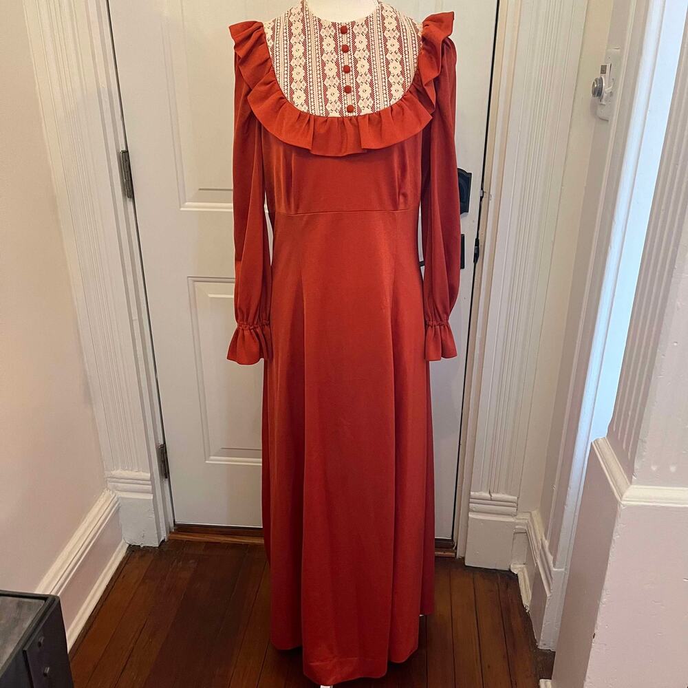 Vintage 1970's Handmade Burnt Orange and Cream Ruffle Neck Maxi Dress Size S/M